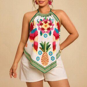 Multicolor Boho Women's Plus Size Tropical Print Asymmetrical Hem Halter Top